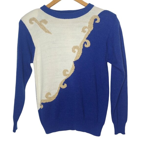 Tan Jan Sweaters - Vintage NOS Tan Jay Womens S Pullover Sweater Gold Metallic Swirl Blue Cream